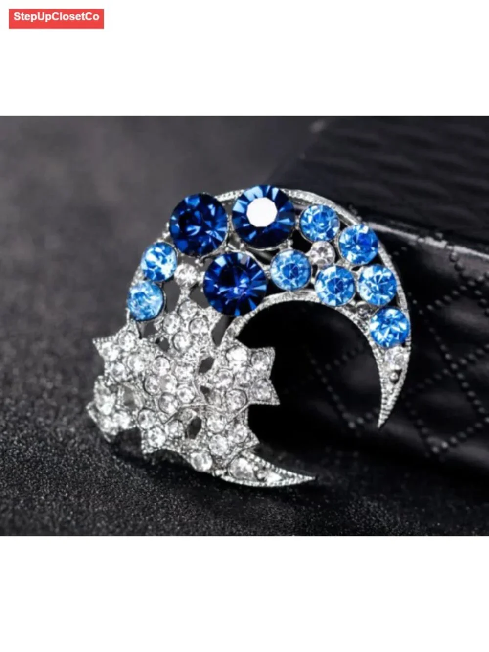 Crystal Moon Star Brooch Pin Sparkle Pearl Lapel Pin Vintage Women Dress Suit